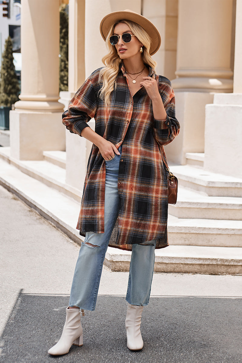 Plaid Collared Neck Long Sleeve Shirt