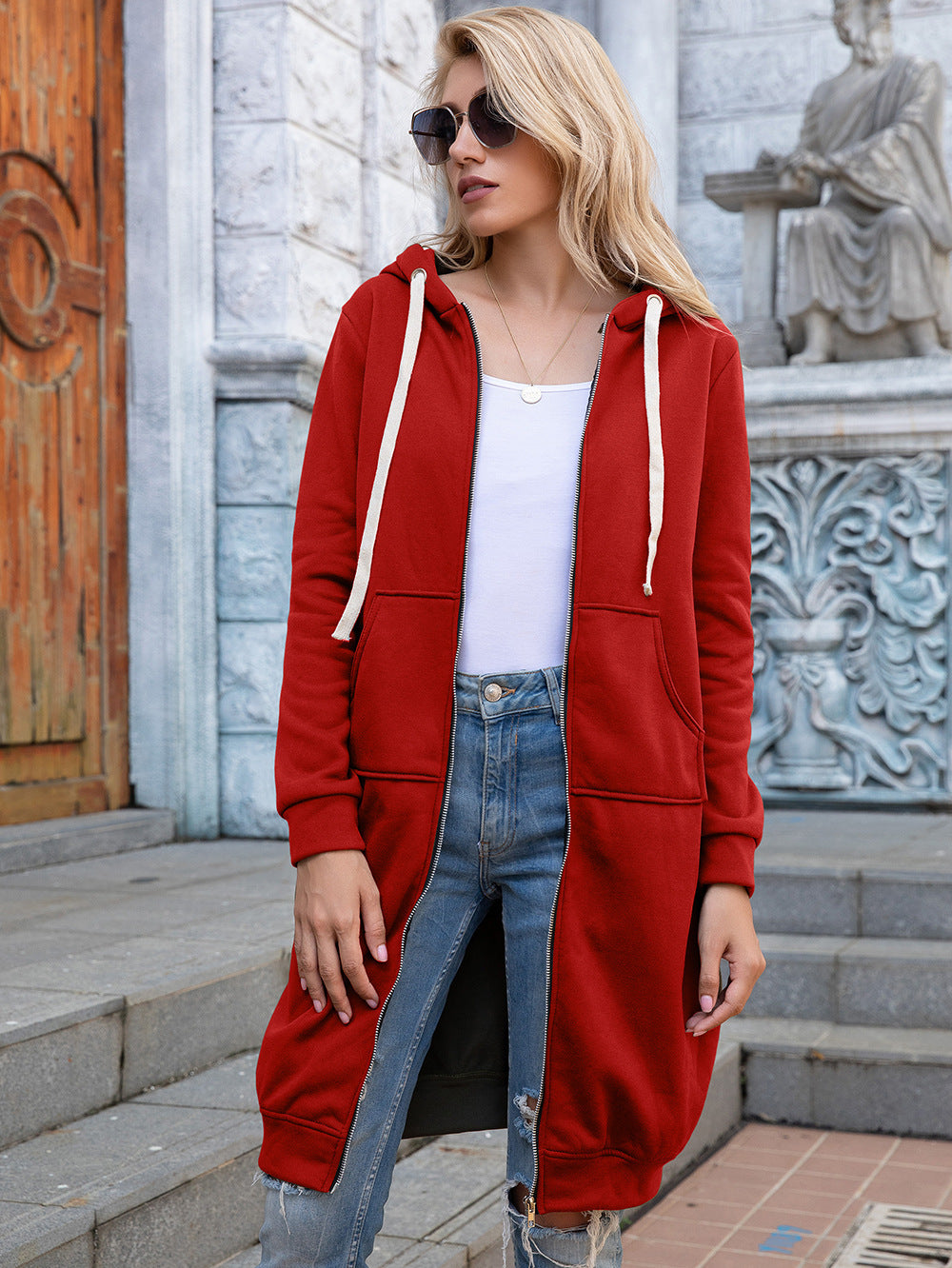 Full Size Zip-Up Longline Hoodie with Pockets