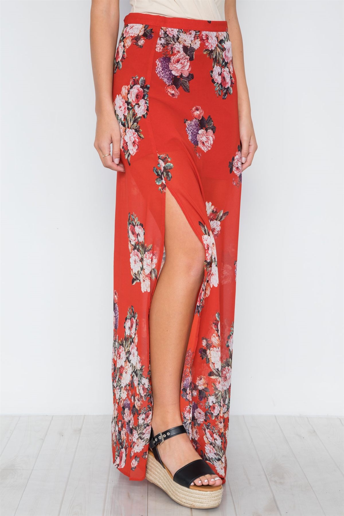 Red Floral Print Maxi Skirt