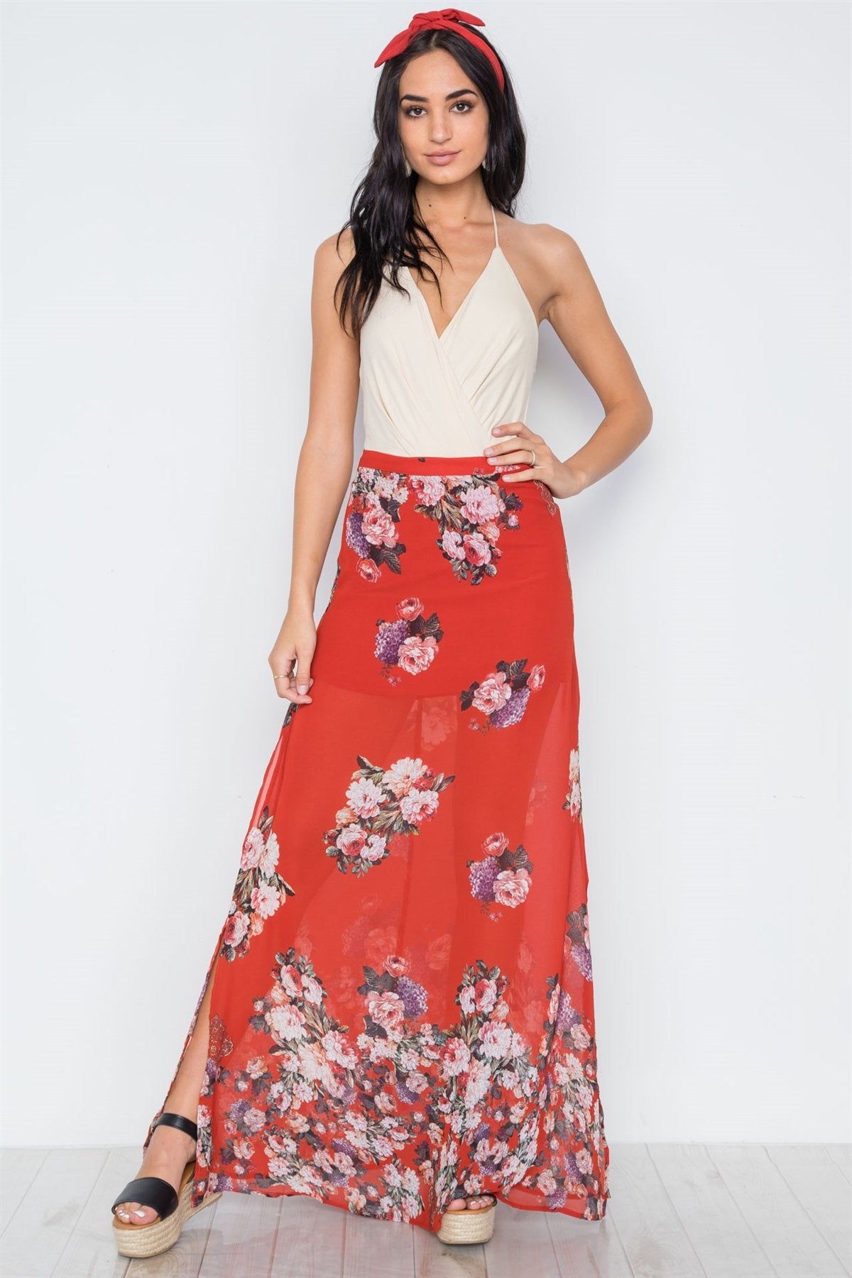 Red Floral Print Maxi Skirt