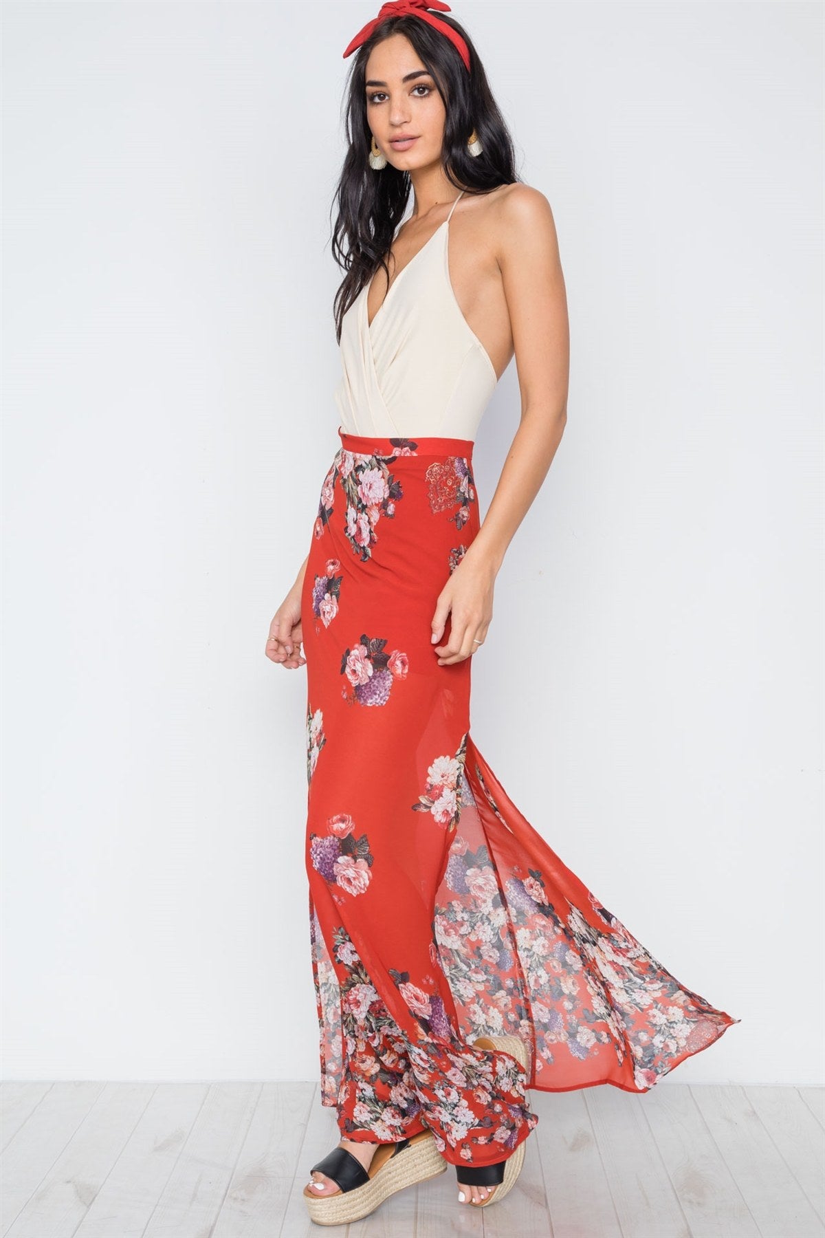 Red Floral Print Maxi Skirt