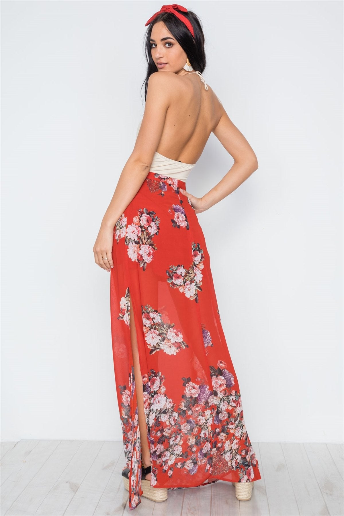 Red Floral Print Maxi Skirt