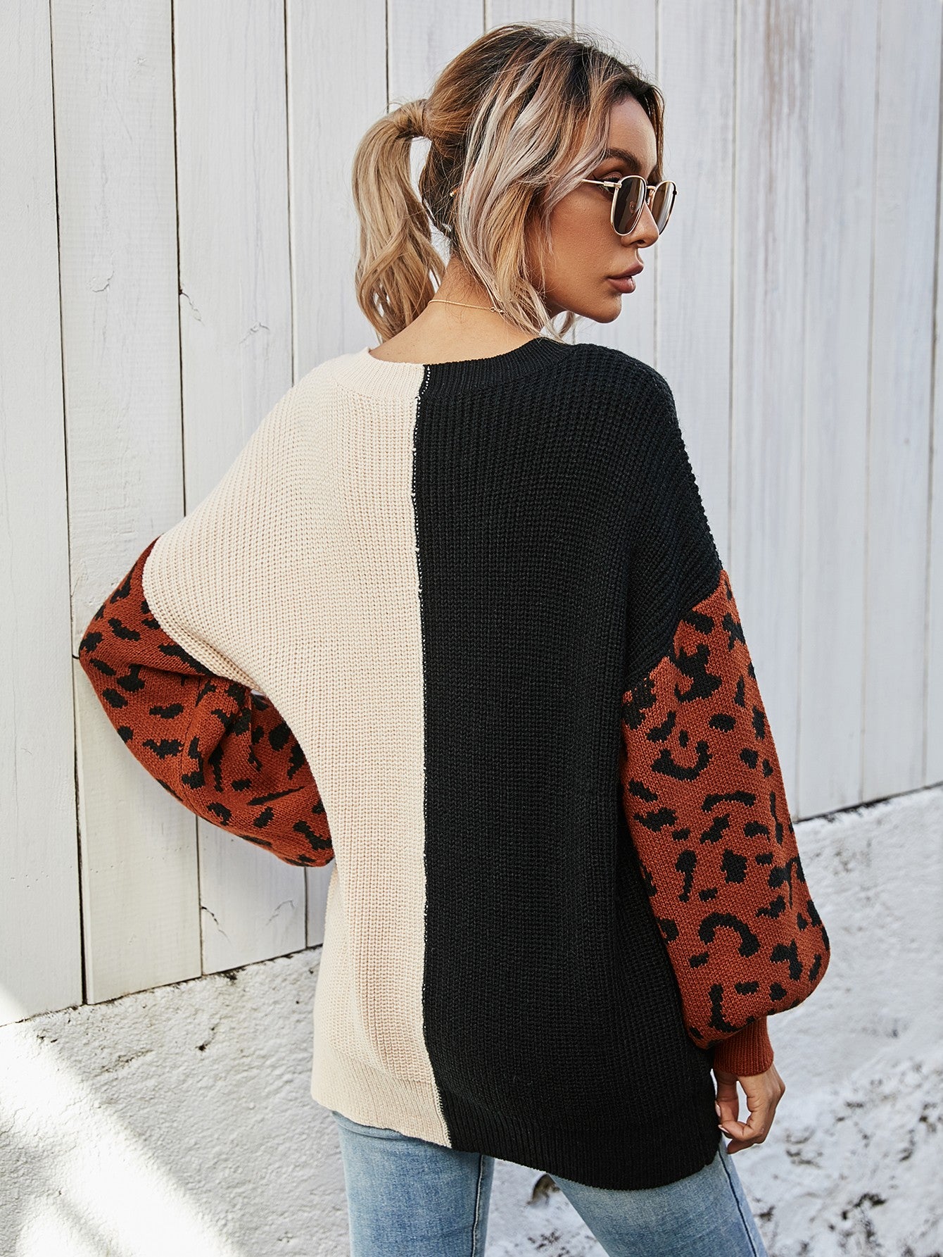 Woven Right Leopard Color Block V-Neck Tunic Pullover Sweater